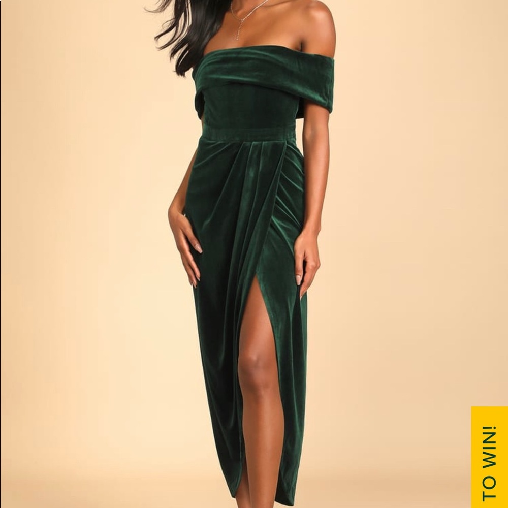 Wore once to a wedding.   
Emerald Green Velvet Off-the-Shoulder Maxi Dress